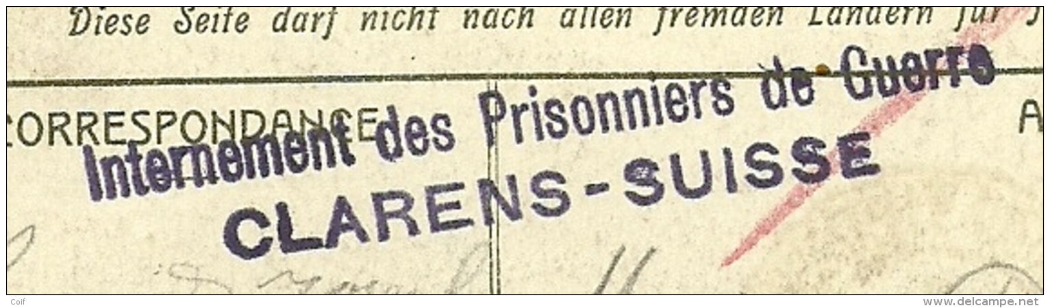 Kaart Stempel INTERNEMENT DES PRISONNIERS DE GUERRE / CLARENS-SUISSE Op 17/8/16 + GEPRUFT , Naar ANDERLECHT - Kriegsgefangenschaft