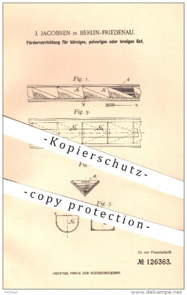 Original Patent - J. Jacobsen , Berlin Friedenau , 1900 , Fördervorrichtung Für Körniges O. Pulveriges Gut | Rechen !!! - Historische Dokumente