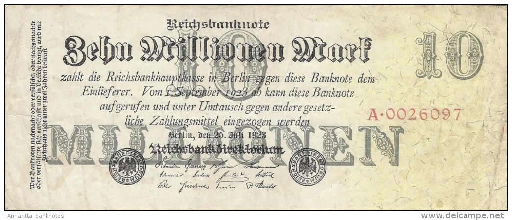 GERMANY 10 MILLION MARK 1923 P-96a VF S/N A*0026097  [ DER097b ] - 10 Mio. Mark