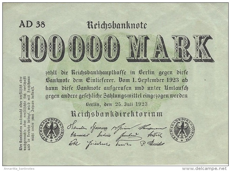 GERMANY 100000 MARK 1923 P-91a XF+ SERIE AD 38, GREEN PAPER [ DER091 ] - 100000 Mark