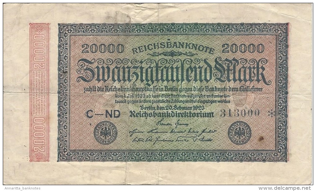 GERMANY 20000 MARK 1923 P-85a VF S/N C-ND 313000 *  [ DER085 ] - 20000 Mark