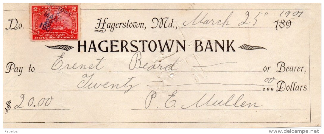 1901  HAGERSTOWN BANK - Cheques & Traveler's Cheques