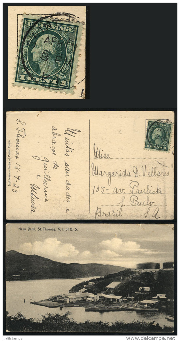 Postcard With View Of Navy Yard In St. Thomas, Franked With USA Stamp Of 1c. And Datestamped ST. THOMAS - V.I.... - British Virgin Islands