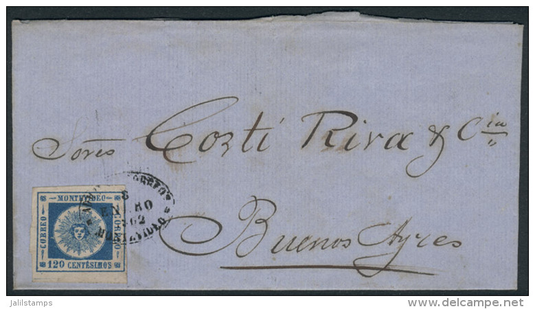 8/JAN/1862 MONTEVIDEO - Buenos Aires: Folded Cover Franked By Sc.16 (120c. Blue Thich Numerals) With Oval Cancel Of... - Uruguay