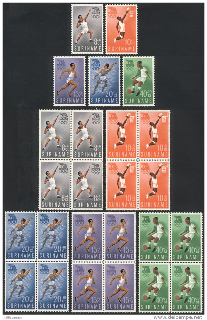 Yvert 336/340, 1960 Roma Olympic Games, Complete Set Of 5 Values In Blocks Of 4 And Singles, Unmounted, Excellent... - Suriname