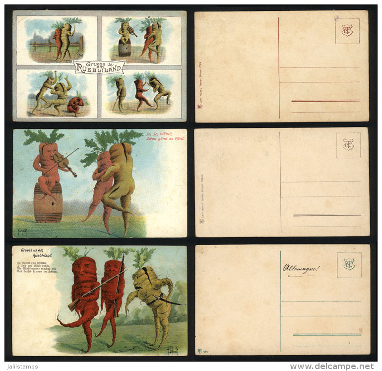 Gruss Aus Dem Rüebliland, 3 Old Postcards Artist Signed Schmidt, Illustrated With Caricatures Of Carrots... - Other & Unclassified