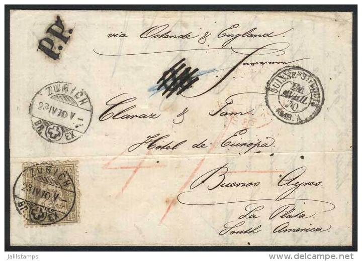 23/APR/1870 ZURICH - ARGENTINA: Complete Folded Letter Franked By Sc.50 (1Fr. Golden), Sent To Buenos Aires Via... - Briefe U. Dokumente