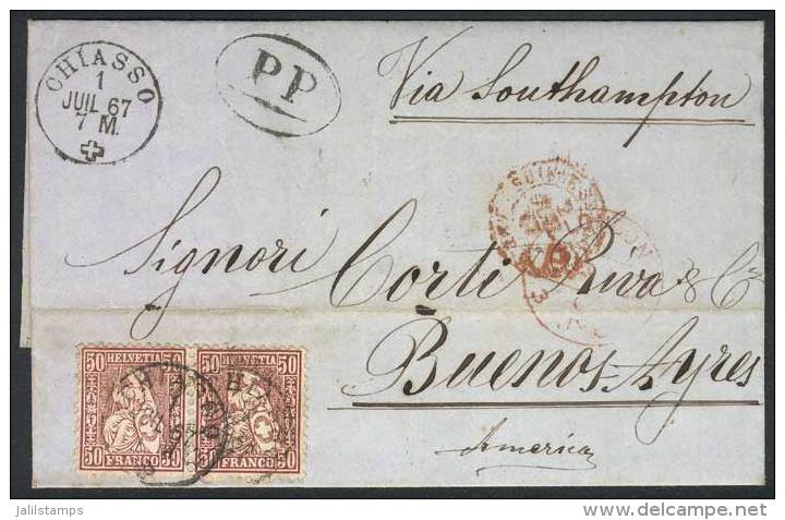 1/JUL/1867 CHIASSO - ARGENTINA: Folded Cover Franked By Pair Sc.59 (50c. Violet), Sent Via England To Buenos Aires,... - Covers & Documents