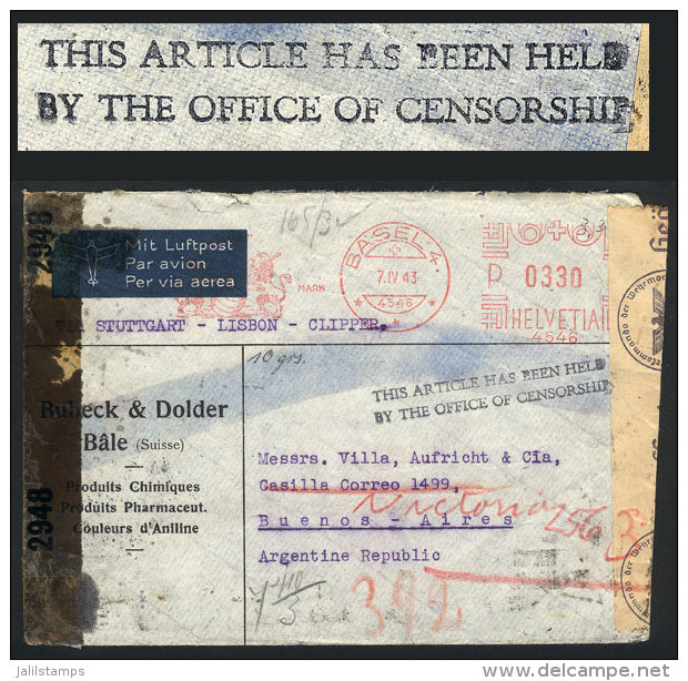 COVER HELD BY CENSORSHIP: Airmail Cover Sent From Basel To Buenos Aires On 7/AP/1943 (nice Meter Postage Of... - Briefe U. Dokumente
