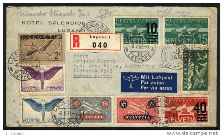 Registered Airmail Cover Sent From Lugano To Buenos Aires On 8/OC/1937 With Handsome Multicolor Postage (9... - Covers & Documents