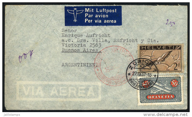 Airmail Cover Sent From Zurich To Argentina On 27/SE/1937 Franked With 2.50Fr., German Transit Backstamp, VF! - Covers & Documents