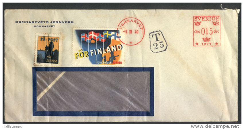 Cover With Metered Postage Of 15ö And 2 Nice Cinderellas (topic War, Maps, Flags), Sent From Domnarvet To... - Covers & Documents