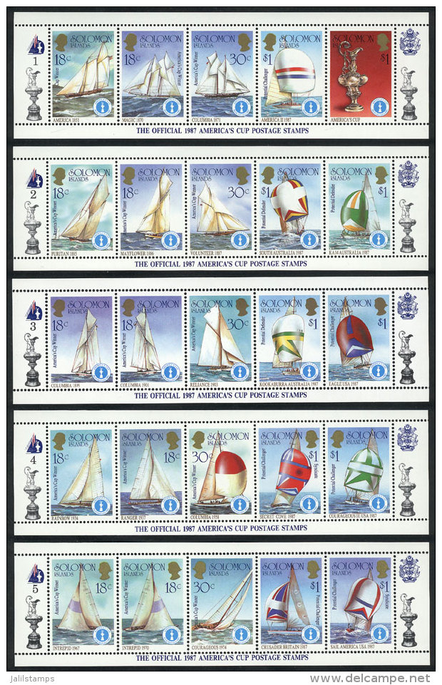 Sc.570/574, 1986 America's Cup, Complete Set Of 10 Sheets Of 5 Stamps Each, Topic Maps, Sailing Yachts And Sport,... - Solomon Islands (1978-...)