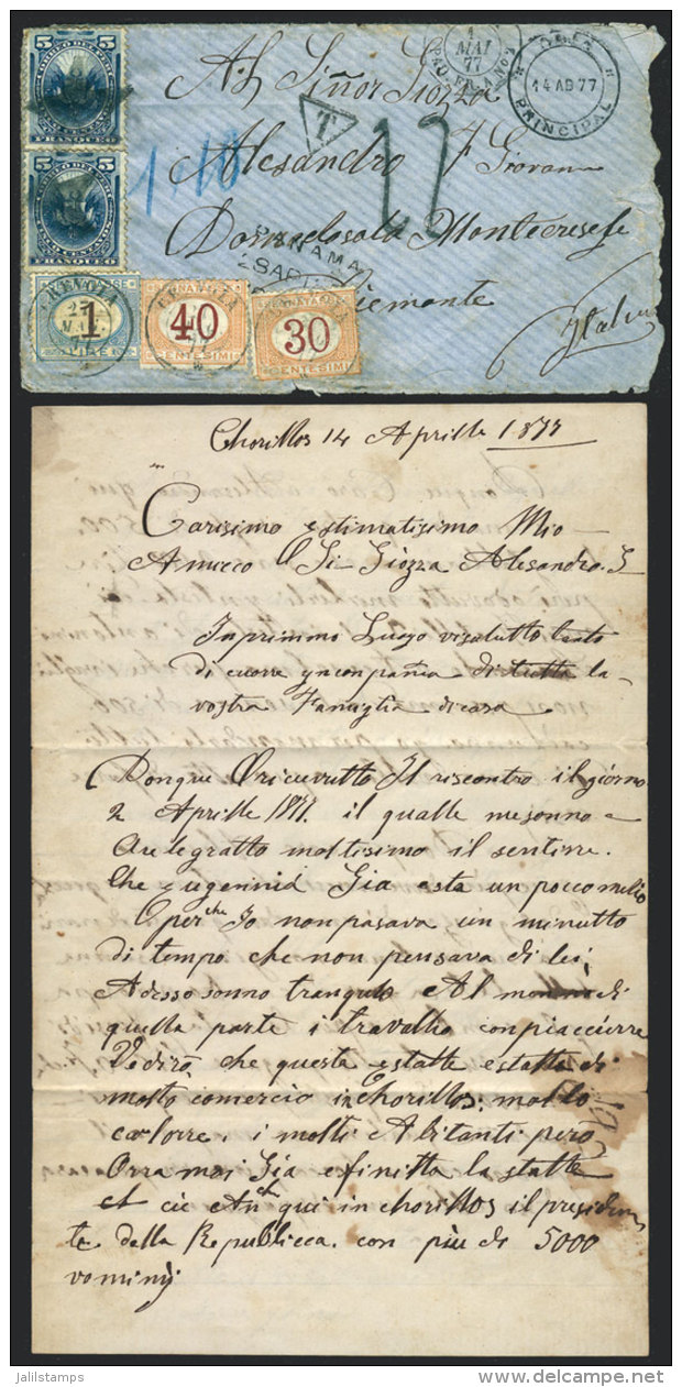 Cover (with Its Original Long Letter Written In Italian) Sent From Chorrillos To Italy On 14/AP/1877, Franked With... - Peru