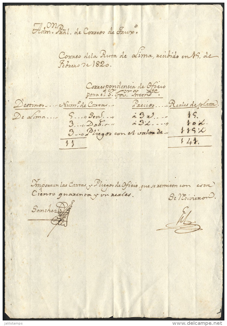 Document Dated 19 February 1820 About The Official Correspondence For The Regional Governor Intendente Of Lima, VF... - Perú