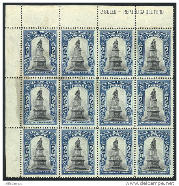 Sc.176, 1907 2P. Monument To Columbus, Corner Block Of 12, Second Largest Known Multiple, Mint Full Original Gum,... - Peru