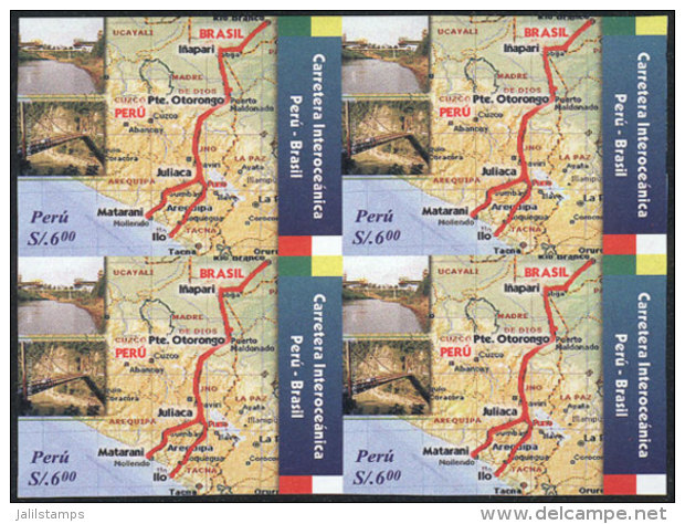 Sc.1509, 2006 Peru-Brazil Trans-oceanic Highway (map, Bridges), IMPERFORATE BLOCK OF 4, Very Fine Quality, Rare! - Peru