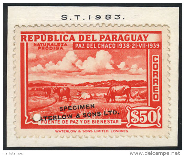 Sc.372, 1940 50P. Cows, SPECIMEN Of Waterlow &amp; Sons Ltd. In A Color Different From The Adopted One, With... - Paraguay