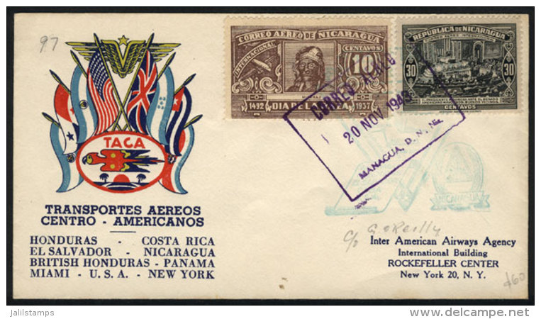 20/NO/1943 Managua - New York First Flight, Without Arrival Marks, Cover Of VF Quality! - Nicaragua