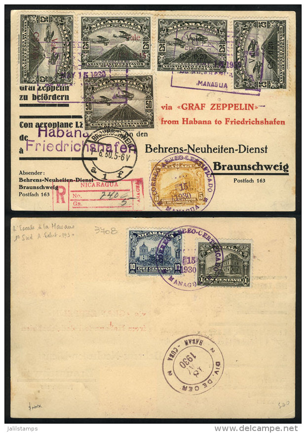 Registered Card Sent By 'GRAF ZEPPELIN' On 15/MAY/1930 From Managua To Germany, With Transit Backstamp Of Habana... - Nicaragua