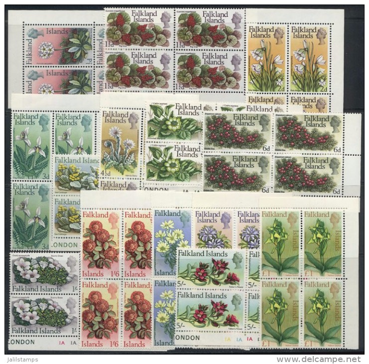 Sc.166/179, 1968 Flowers, Complete Set Of 14 Unmounted Values In Corner Blocks Of 4, Excellent Quality, Catalog... - Falkland Islands