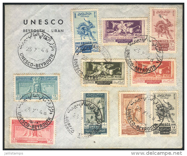 Sc.220/224 + C141/145, 1948 UNESCO, Complete Set Of 10 Values On A Cover With First Day Postmark, Scarce! - Lebanon