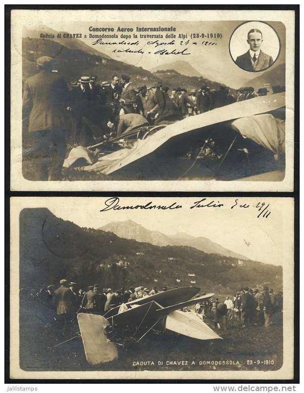 Accident Of Pilot CHAVEZ In Domodossola: 2 Spectacular Views Of The Plane Wreck Of 23/SE/1910, VF Quality! - Other & Unclassified