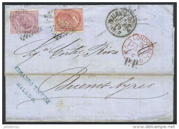 25/FEB/1870 MILANO - ARGENTINA: Folded Cover Franked By Sc.31+32 (Sa.20+21), Sent To Buenos Aires Via England, VF... - Other & Unclassified