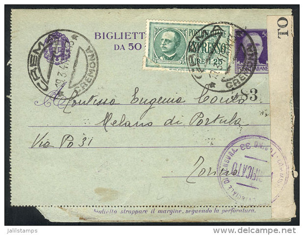 50c. Letter Card (biglietto Postale) + Express Stamp Of 1.25L., Sent From Crema To Torino On 19/MAR/1941, With... - Other & Unclassified