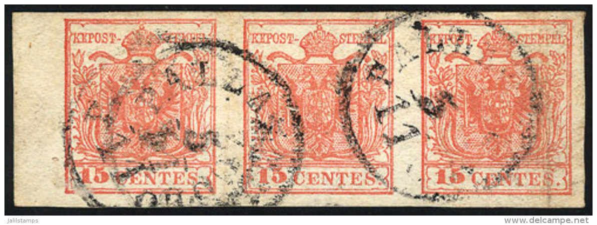 Sc.4f, 1840 15c. Red Type II, Beautiful STRIP OF 3 With The Very Rare Datestamp Of PALLAZZUOLO, With Some Creases... - Lombardy-Venetia