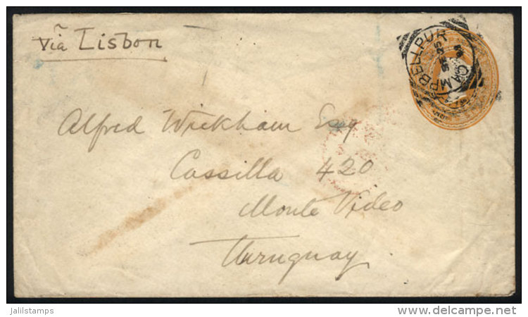 RARE DESTINATION: Stationery Envelope Sent From Campbellpur To URUGUAY On 25/SE/1893, On Back Transit Marks Of... - Other & Unclassified