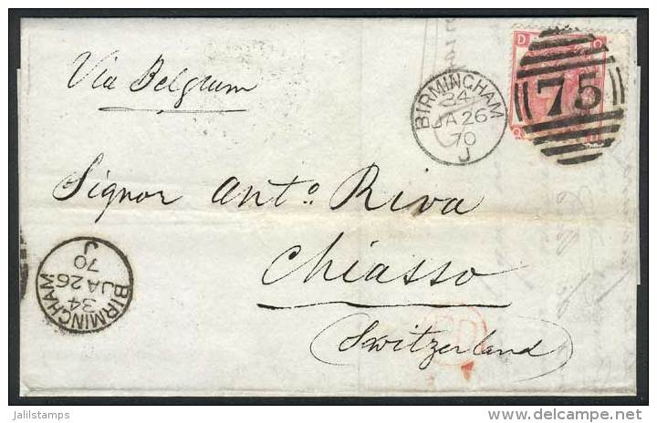 26/JAN/1870 BIRMINGHAM - Switzerland: Folded Cover Franked By Sc.49 Plate 5 (corner Defect), With Duplex "75"... - Other & Unclassified