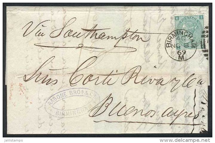 8/NO/1869 BIRMINGHAM - ARGENTINA: Folded Cover Franked By Sc.54 Plate 4 With Duplex Cancel, Sent To Buenos Aires,... - Other & Unclassified