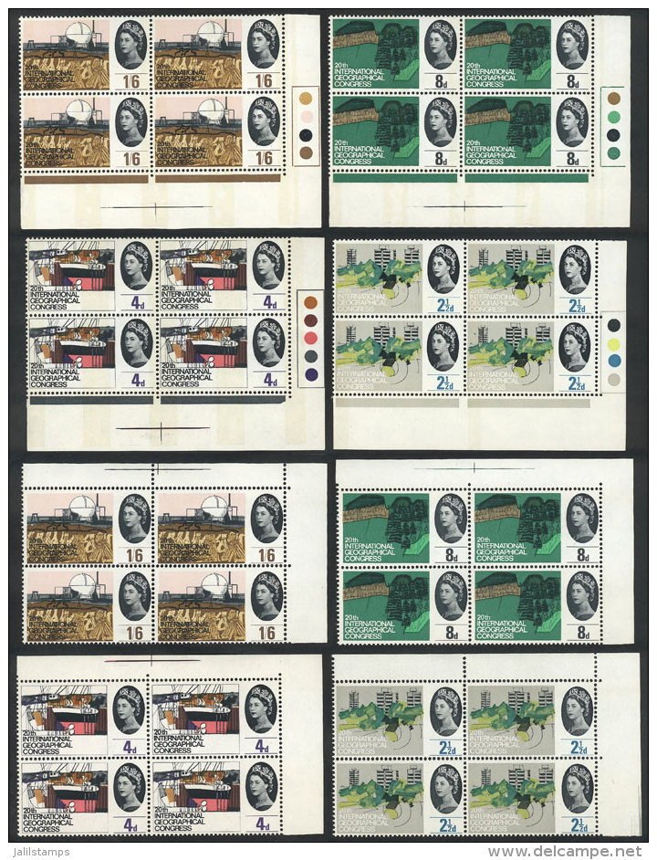 Yvert 387/390 + 387A/390A, 1964 Intl. Geographical Congress, Blocks Of 4 With And Without Phosphor Bands,... - Other & Unclassified