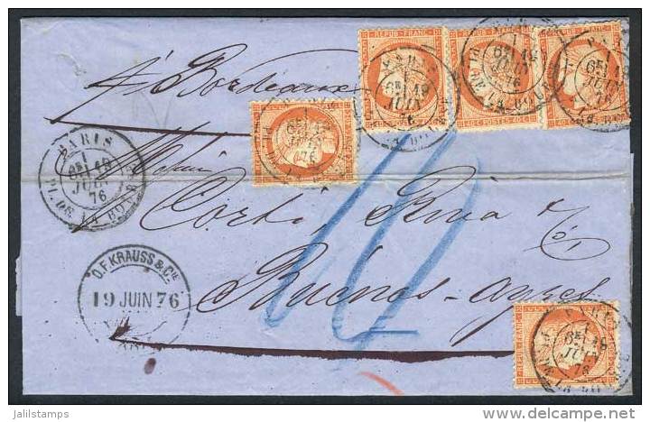 19/JUN/1876 PARIS - ARGENTINA: Complete Folded Letter Franked By Yv.38 X5 (total 2Fr.), With Datestamp, And Buenos... - Other & Unclassified