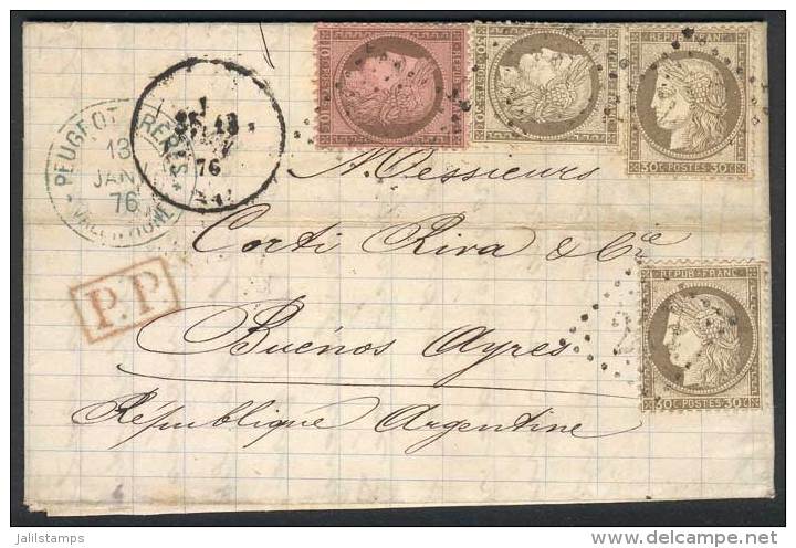 12/JAN/1876 VALENTIGNEY - ARGENTINA: Long Folded Letter (sender Peugeot Freres) Franked By Yv.54 + 56 X3, Numeral... - Other & Unclassified
