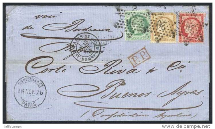 18/NOV/1875 PARIS - ARGENTINA: Folded Cover Franked By Yv.53 + 55 + 57, Cancelled By Dotted Star With Numeral 20,... - Other & Unclassified