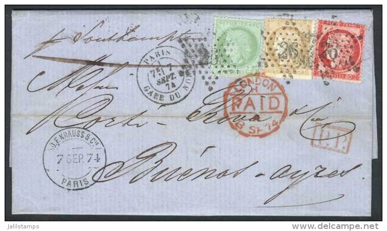 7/SEP/1874 PARIS - ARGENTINA: Complete Folded Letter Franked By Yv.53 + 57 + 59, Sent To Buenos Aires Via England,... - Other & Unclassified