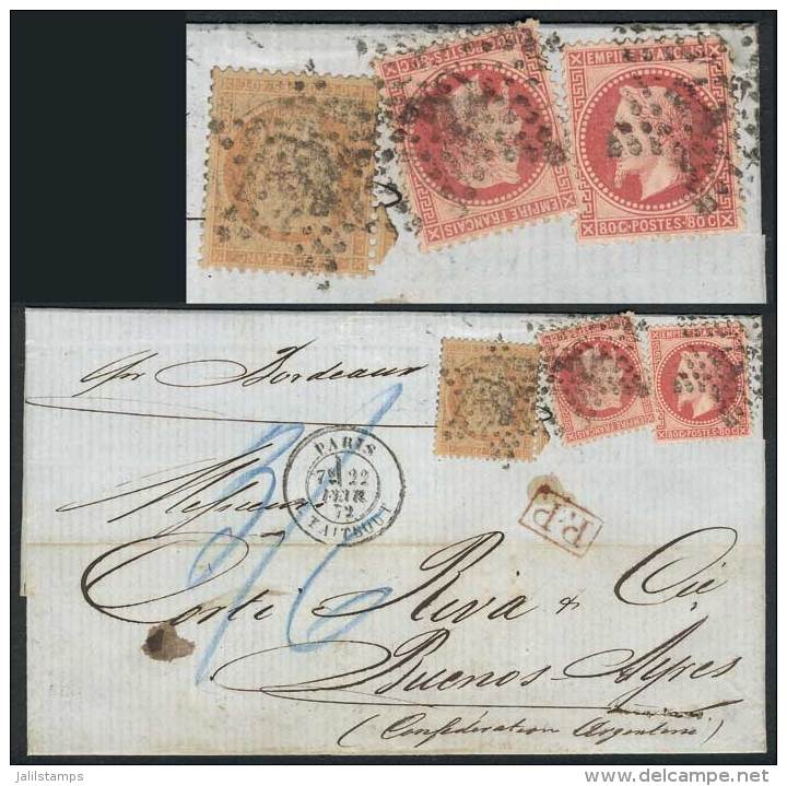 22/FEB/1872 PARIS - ARGENTINA: Folded Cover Franked By Yv.32 X2 + 38 (Napoleon + Liberty!), To Buenos Aires,... - Other & Unclassified