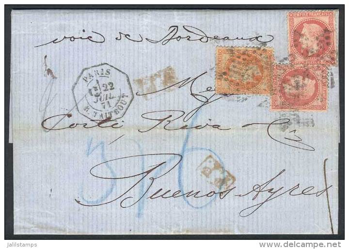 22/JUL/1871 PARIS - ARGENTINA: Complete Folded Letter Franked By Yv.31 + 32 X2, Semi-mute "dotted Star" Cancel,... - Other & Unclassified