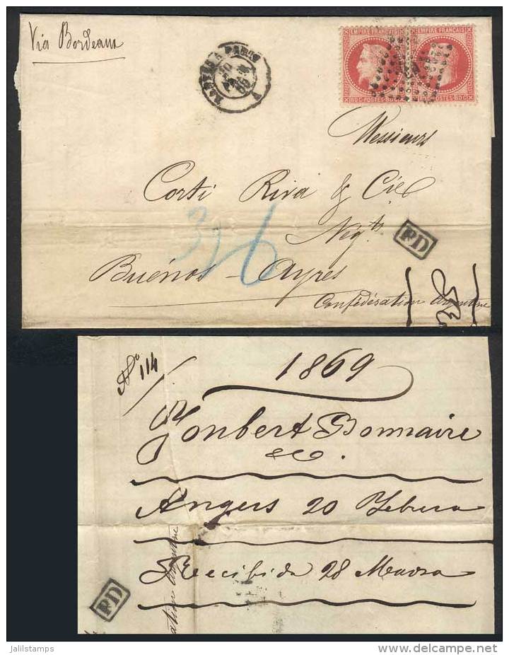 20/FEB/1869 ANGERS - ARGENTINA: Folded Cover Franked By Yv.32 X2 (total 1,60Fr), Semi-mute Cancel (letters In... - Otros & Sin Clasificación