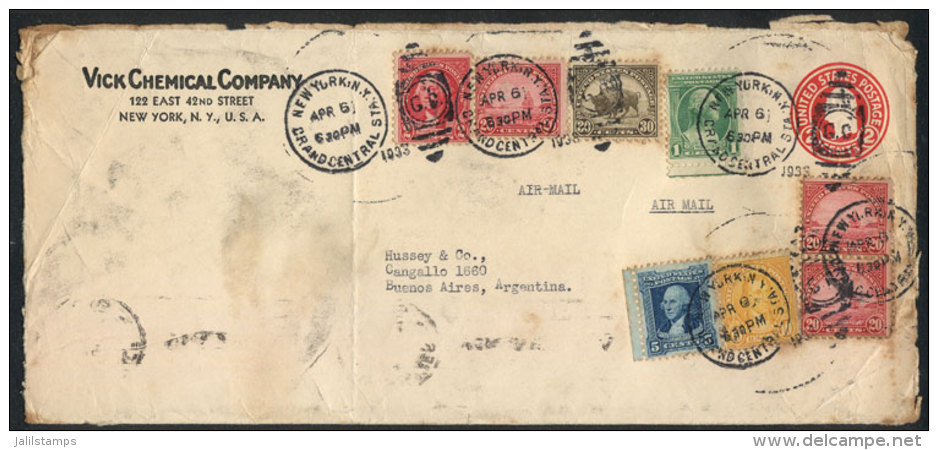 Airmail Cover Sent From New York To Argentina On 15/AP/1933 With Nice Franking Of $1.10, Very Colorful! - Postal History