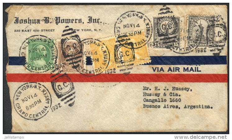 Airmail Cover Sent From New York To Argentina On 14/NO/1932 With Nice Franking Of 55c., Very Attractive! - Postal History