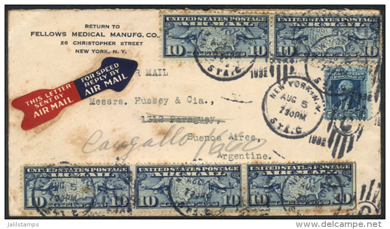 Airmail Cover Sent From New York To Argentina On 5/AU/1932 With Nice Franking Of 55c. - Postal History