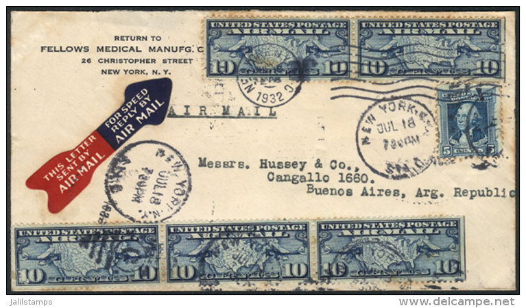 Airmail Cover Sent From New York To Argentina On 18/JUN/1932 With Nice Franking Of 55c. - Postal History