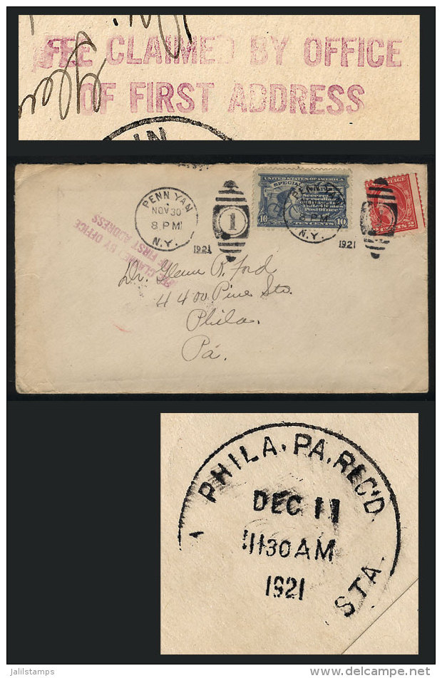 Express Cover Sent From PENN YAN (NY) To Philadelphia On 30/NO/1921, On Back Arrival Datestamp Of 11/DE, And... - Postal History