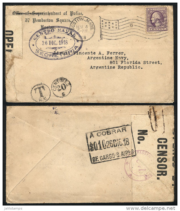 Cover Sent From Boston To Argentina On 4/NO/1918 Franked With 3c., Censored And With Postage Due Marks,... - Postal History