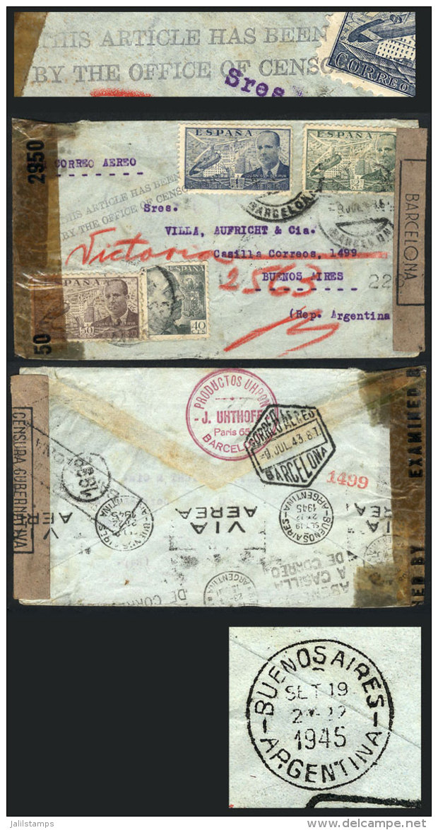 COVER HELD BY CENSORSHIP: Airmail Cover Sent From Barcelona To Argentina On 9/JUL/1947, With DOUBLE Censorship... - Other & Unclassified