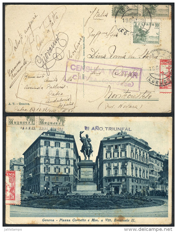 Postcard (view Of Piazza Corvetto, Genova) Sent From CABRA To Italy On 19/DE/1938, With Nice Postage Including A... - Other & Unclassified