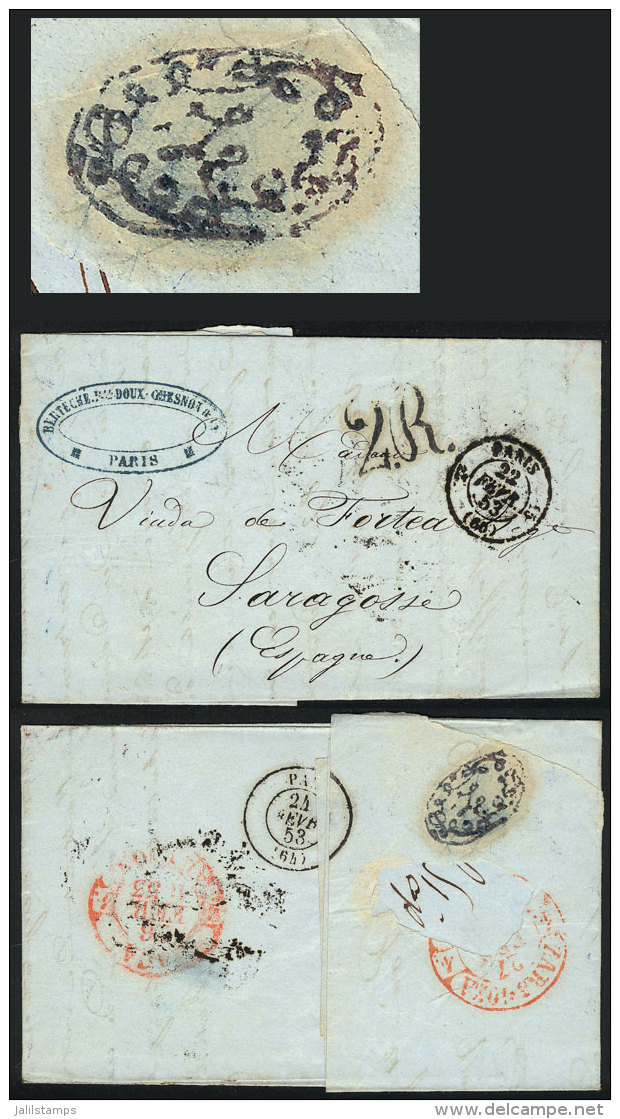 7 Letters Or Folded Covers Posted Between 1853 And 1857, Most From France To ZARAGOZA, All With Interesting Arrival... - Other & Unclassified